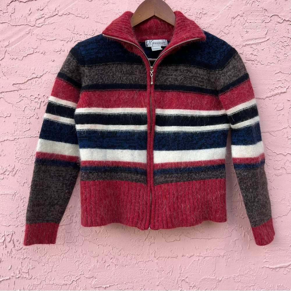 Dress Barn Striped Cropped Sweater Jacket Full Zip Lambswool Angora Red Blue